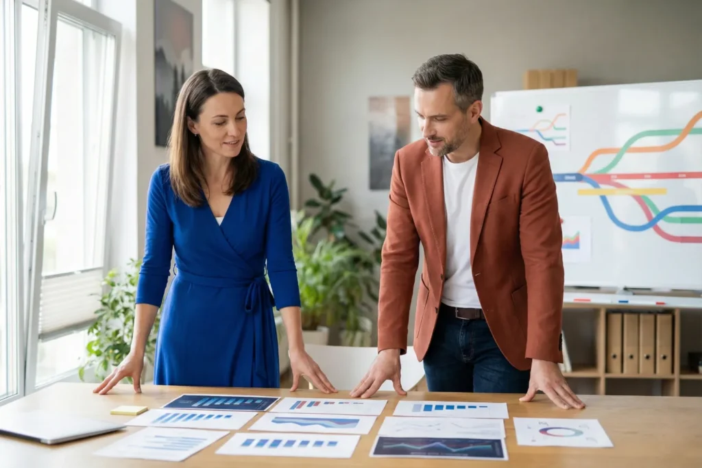 SEO strategist and business owner are reviewing long-term organic growth progress in a bright office setting.