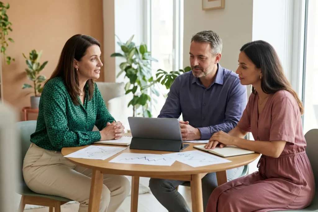 A consultant is setting realistic expectations with a business-owner couple during a professional office discussion.