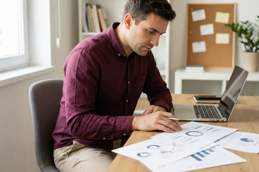An SEO specialist carefully reviewing website performance materials in a peaceful office.