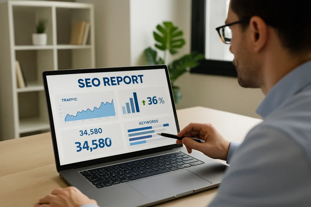 Professional analyzing SEO data on multiple screens