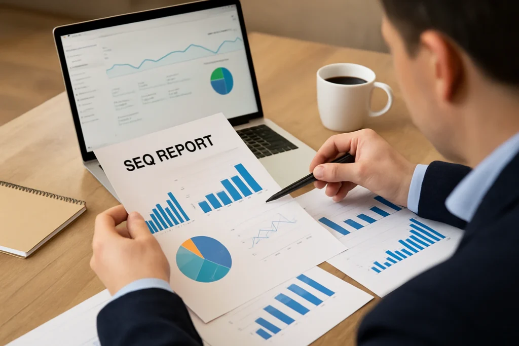 Marketer reviewing SEO analytics report