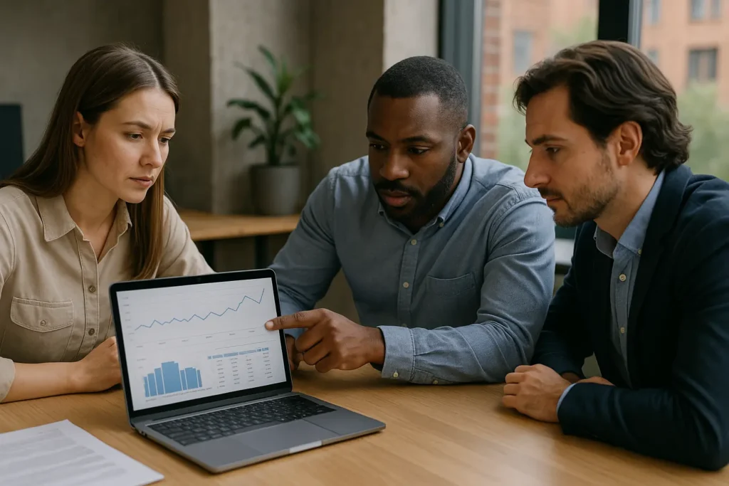 Team reviewing website crawl data on laptop.