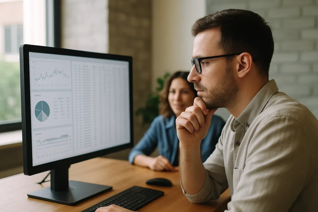 Person analysing website crawl data on computer