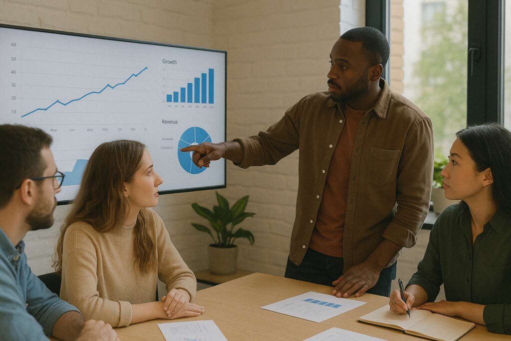 Team analysing growth metrics from ethical SEO results