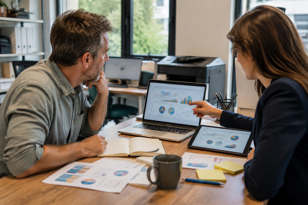 Business owner reviewing website traffic and enquiries