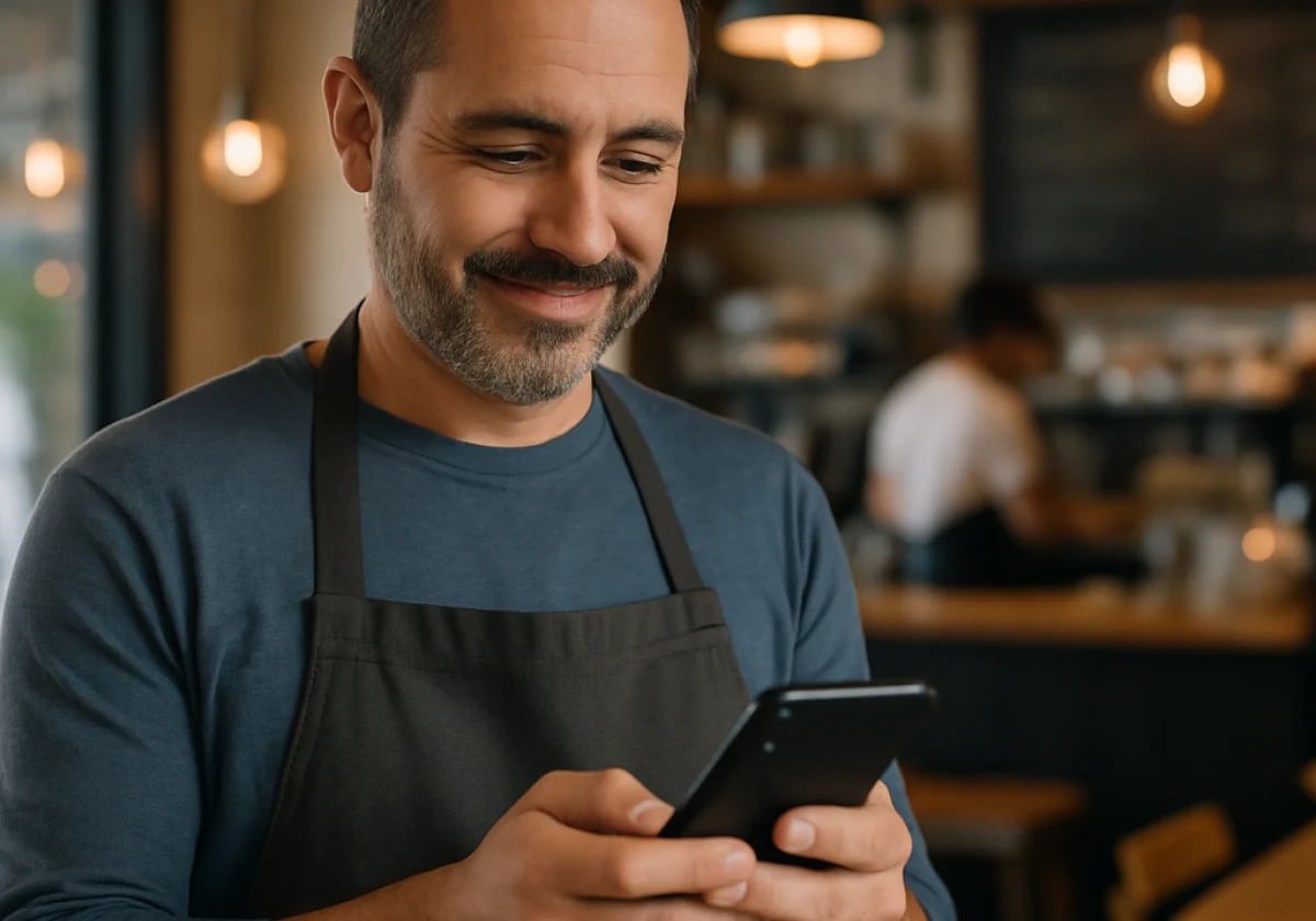 Small restaurant or retail shop owner standing inside their physical