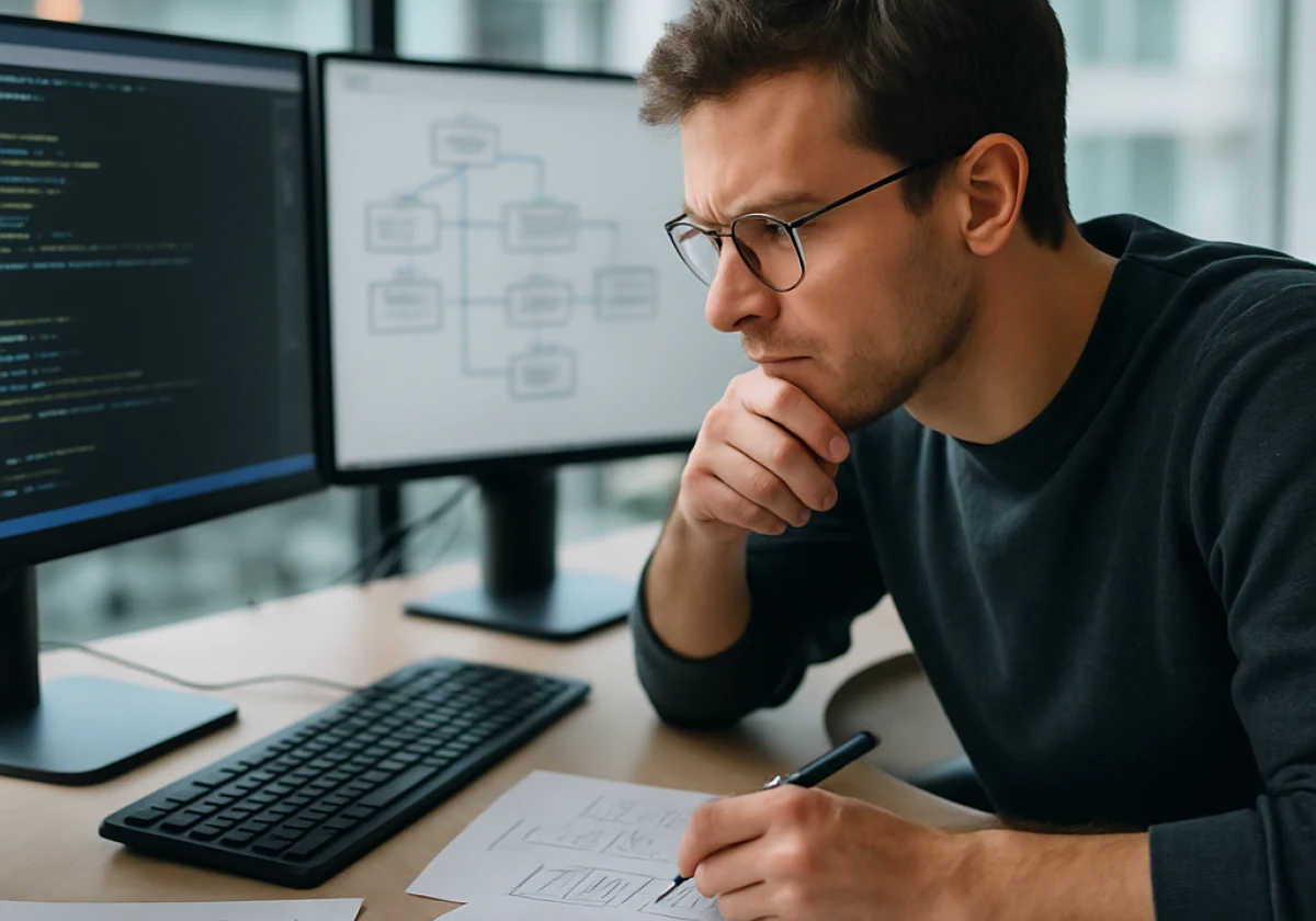 Software developer or SEO analyst hunched intently over their desk